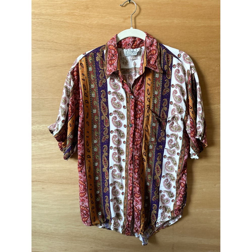 Vintage Nell Flower Shirt Women M Paisley Print Short Sleeve Button Up Blouse